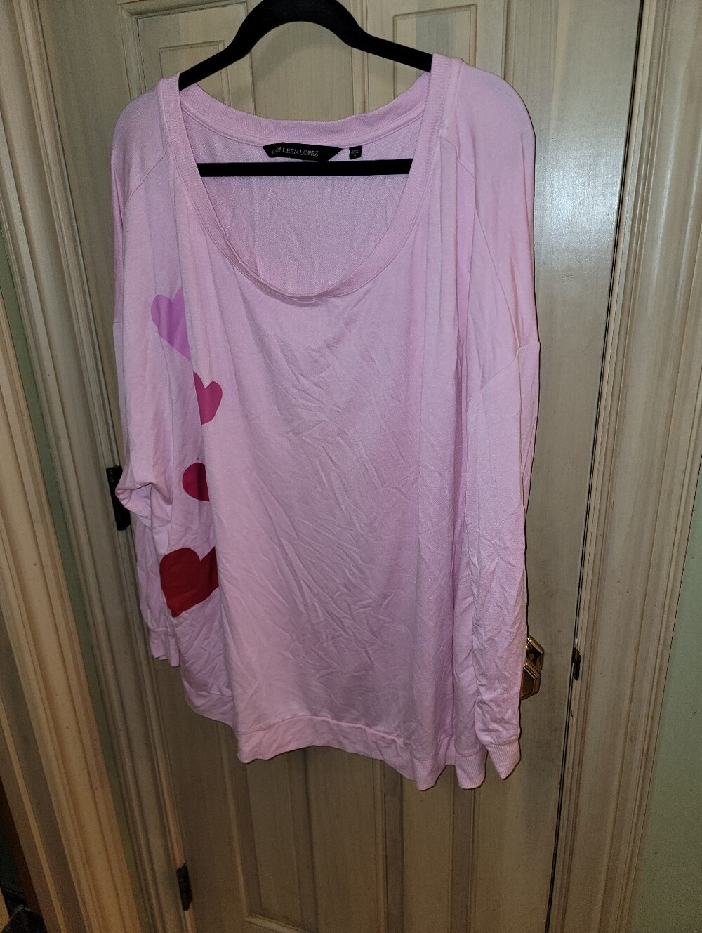 Colleen Lopez Sz 3X Pink Scoop Neck Heart-Print Long Sleeve Top